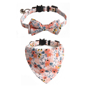 Aminger New Cat Collar Bow Triangle Towel Floral Cotton Cat Collar Set with Bells