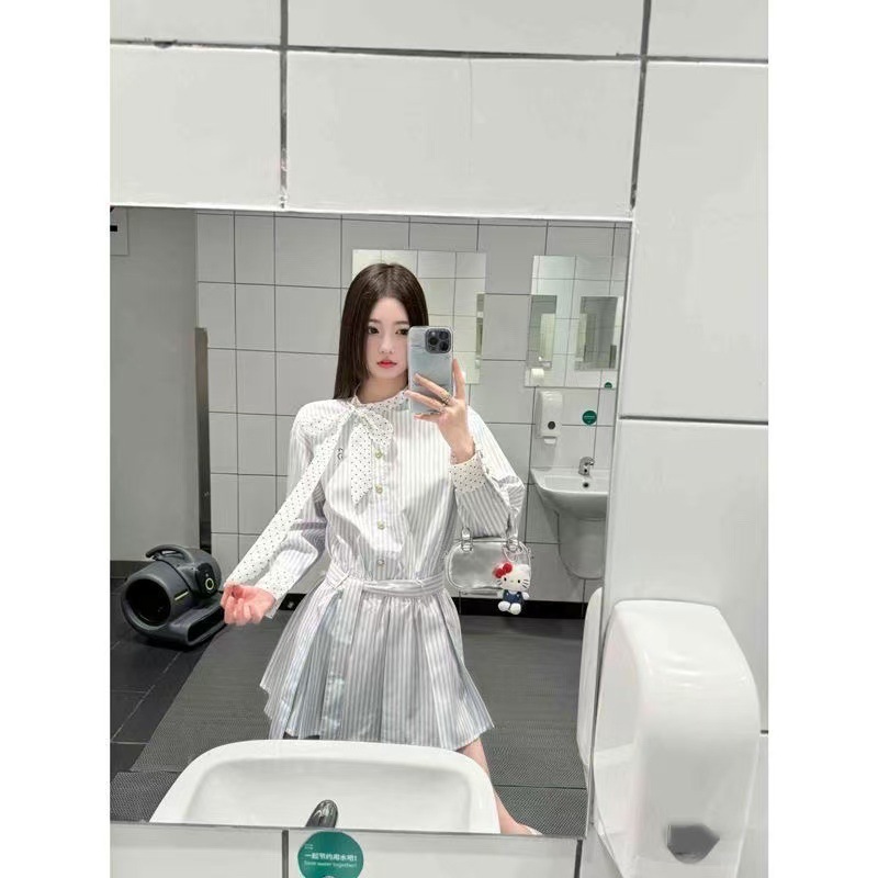 学院风拼接撞色条纹衬衫短裙2025秋季设计感波点收腰系带连衣裙女|undefined