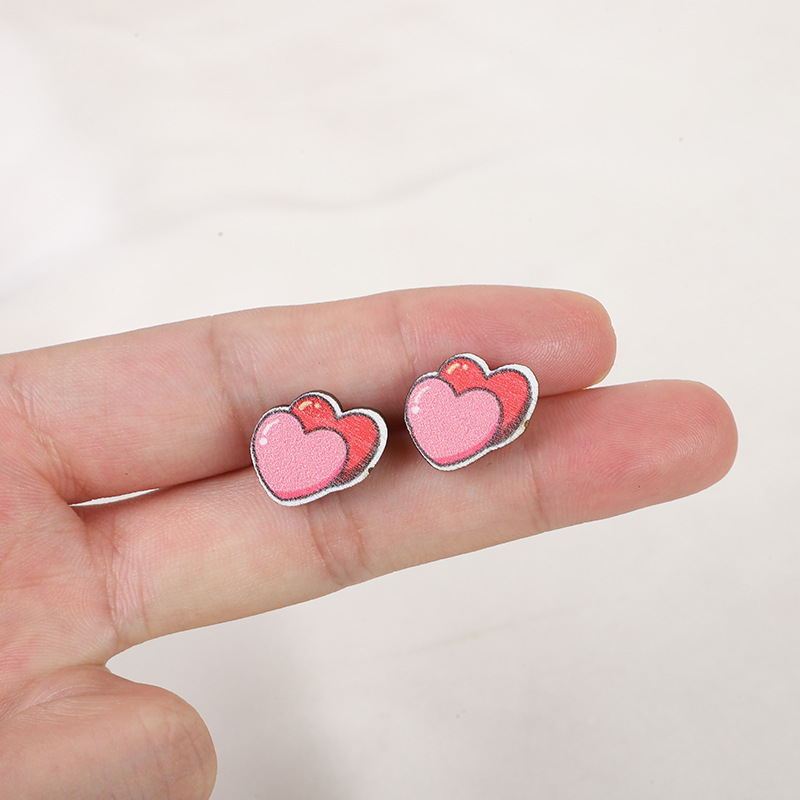 1 Pair Cartoon Style Geometric Heart Shape Flower Handmade Wood Ear Studs display picture 4