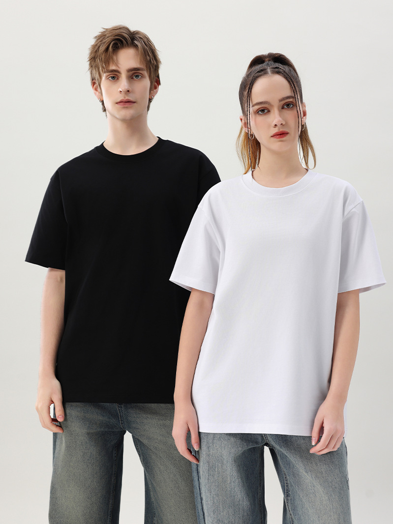 Camiseta de cuello redondo de algodón de color sólido pesado de 300g de verano para hombre, versión suelta de manga corta de doble hilo, camisa de fondo T de la marca de moda