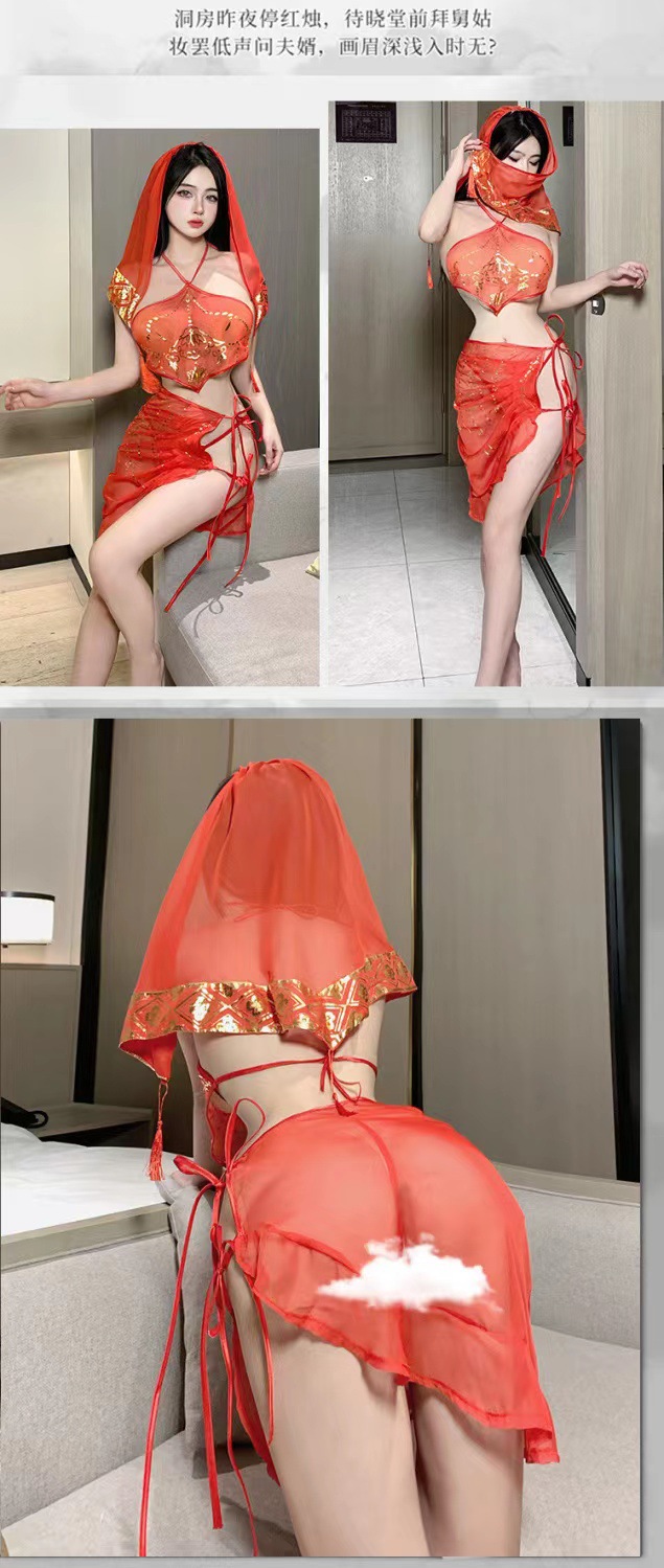 Red Hanfu Bride Costume Set with Veil, Halter Top, Skirt and Panties — detail image 8