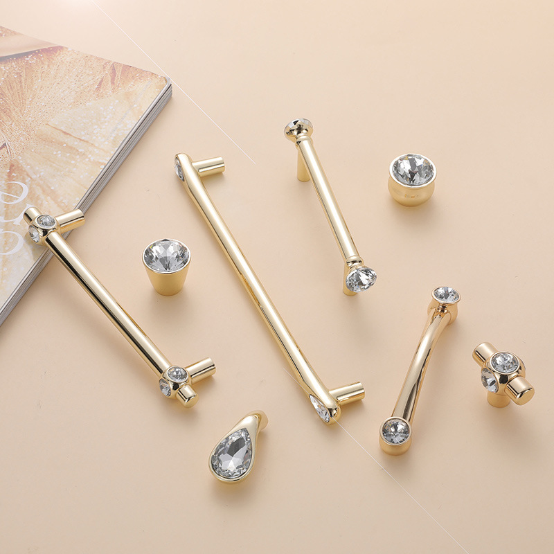 金色帶鑽拉手櫃門水晶田園拉手簡歐櫥櫃衣櫃門把手抽屜水晶拉手