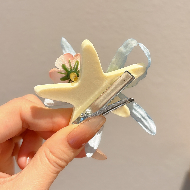Tela con incrustaciones de diamantes, flor, estrella de mar, horquilla, nuevo estilo de vacaciones junto al mar, clip de pico de pato fresco, clip lateral dulce, accesorios para el cabello