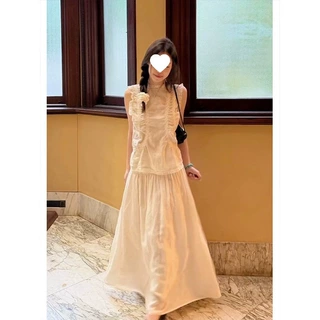 实价轻奢感压褶花边无袖背心上衣女夏季高腰显瘦半身裙套装爆款