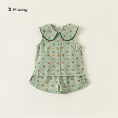 INSbobo girls casual all-over printed small floral green suit 2024 summer children's suit DXT7237