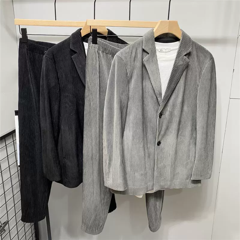 灯芯绒西装两件套男春秋大码200斤垂感西服褶皱宽松休闲韩版套装