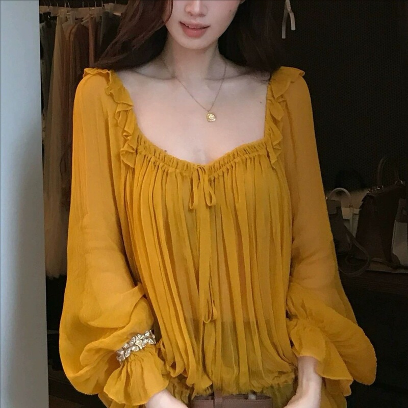 Xixi French Textured Tie-Down Top for Early Autumn Women, Ruffled Square Neck Tie-Down Rayon Long Sleeve Blouse Xixi French Textured Tie-Down Top for Early Autumn Women, Ruffled Square Neck Tie-Down Rayon Long Sleeve Blouse