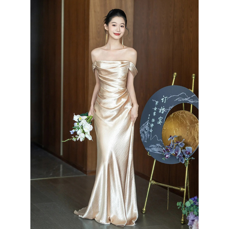 Champagne-Colored Strapless Gown for Toast, High-End Luxury Niche Engagement Wedding Morning Robe, Banquet Host Evening Dress