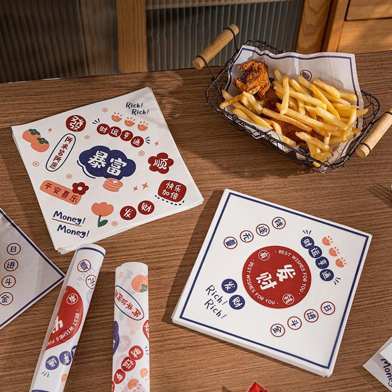 Papel absorbente de aceite para alimentos para hacer una fortuna y hacerse rico Papel de barrera de aceite de grado alimenticio Embalaje para hornear Patatas fritas comerciales Papel absorbente de aceite para sándwiches