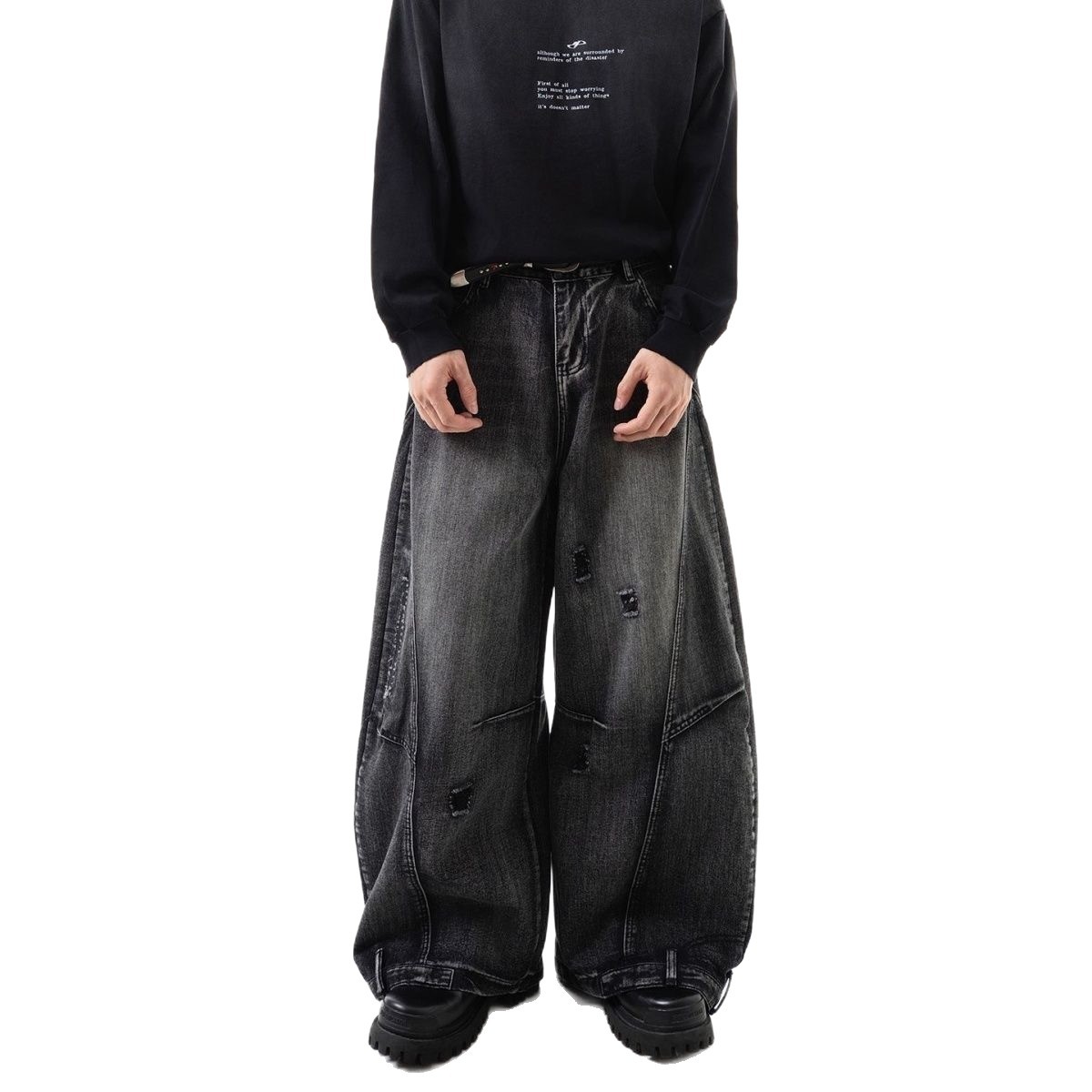 Men's Distressed Washed Denim Jeans Straight Leg High Street Vintage Style with Ripped Details_mkmklike.com