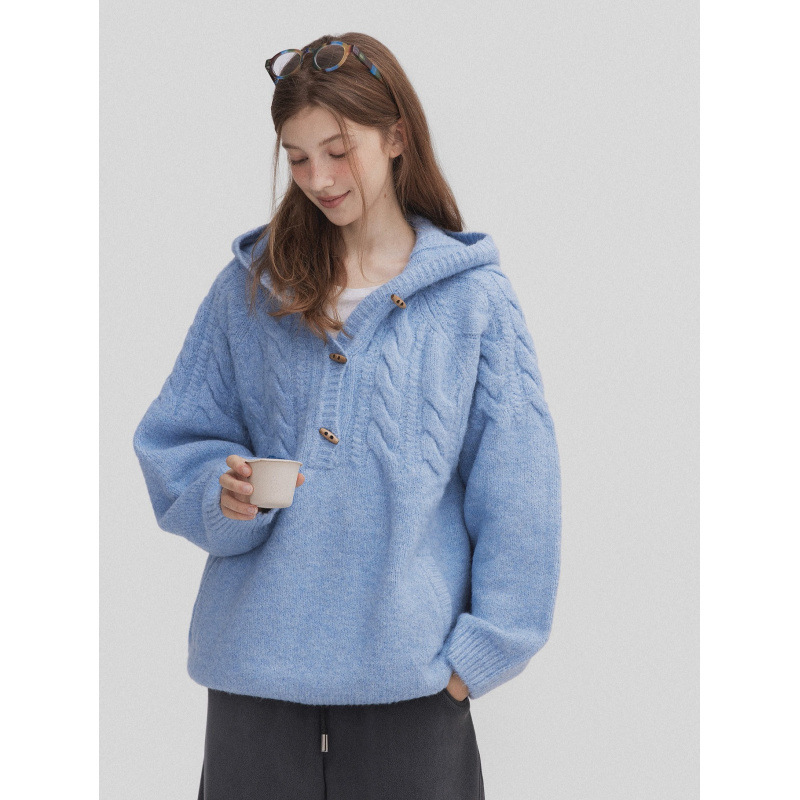 Scandinavian Nordic Retro Wool Fluffy Cable Half Placket Horn Button Hooded Sweater for Women