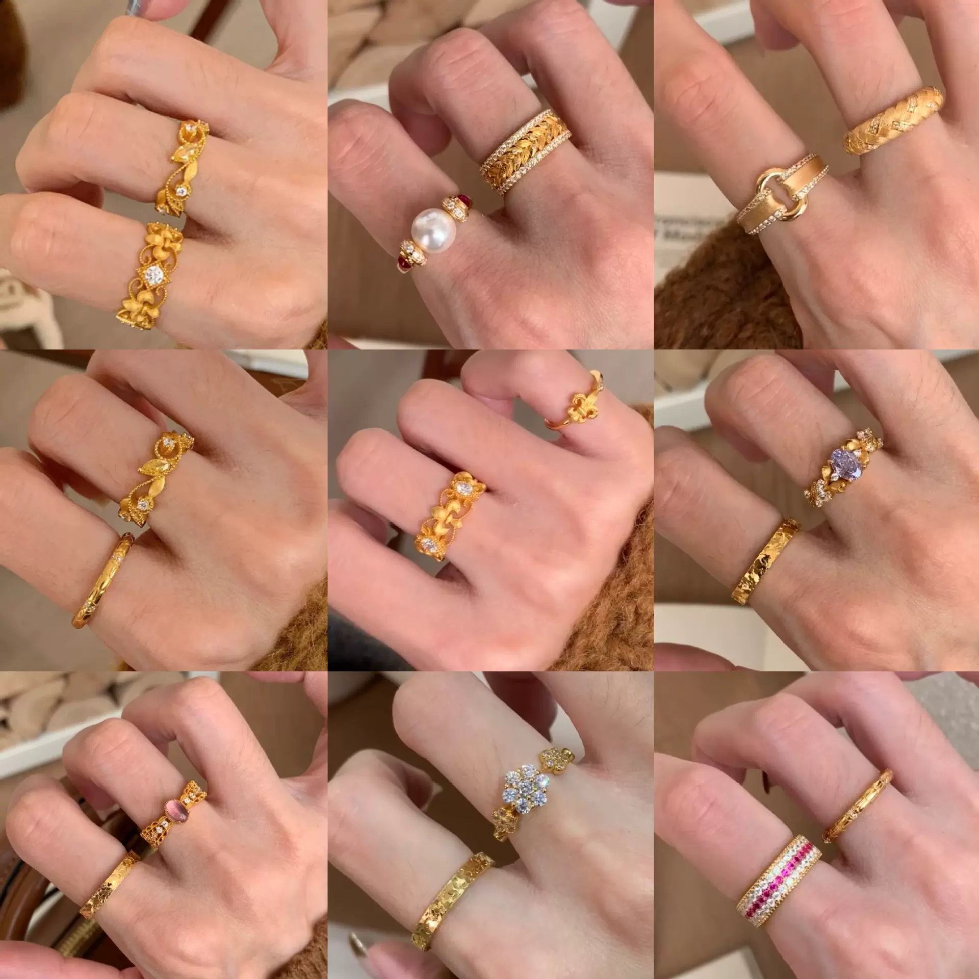 镶锆菱形鸢尾花朵宽面开口戒指中古vintage指环复古轻奢气质手饰