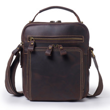 外贸新款男士单肩斜挎包竖款真皮男包疯马皮头层牛皮复古个性小包