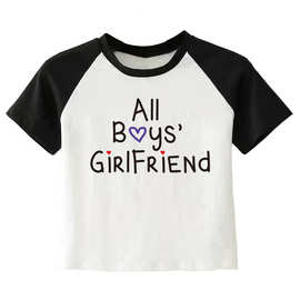 黑色袖子拼接露脐 字母印花 ALL BOY'S GIRLFRIEND 日韩新款上衣