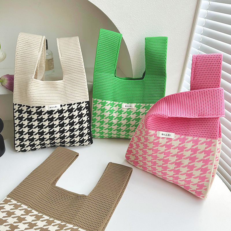 Bolso de hombro de punto de pata de gallo a juego de color de diseño de nicho con etiqueta bolso de mano de viajero de gran capacidad para mujeres