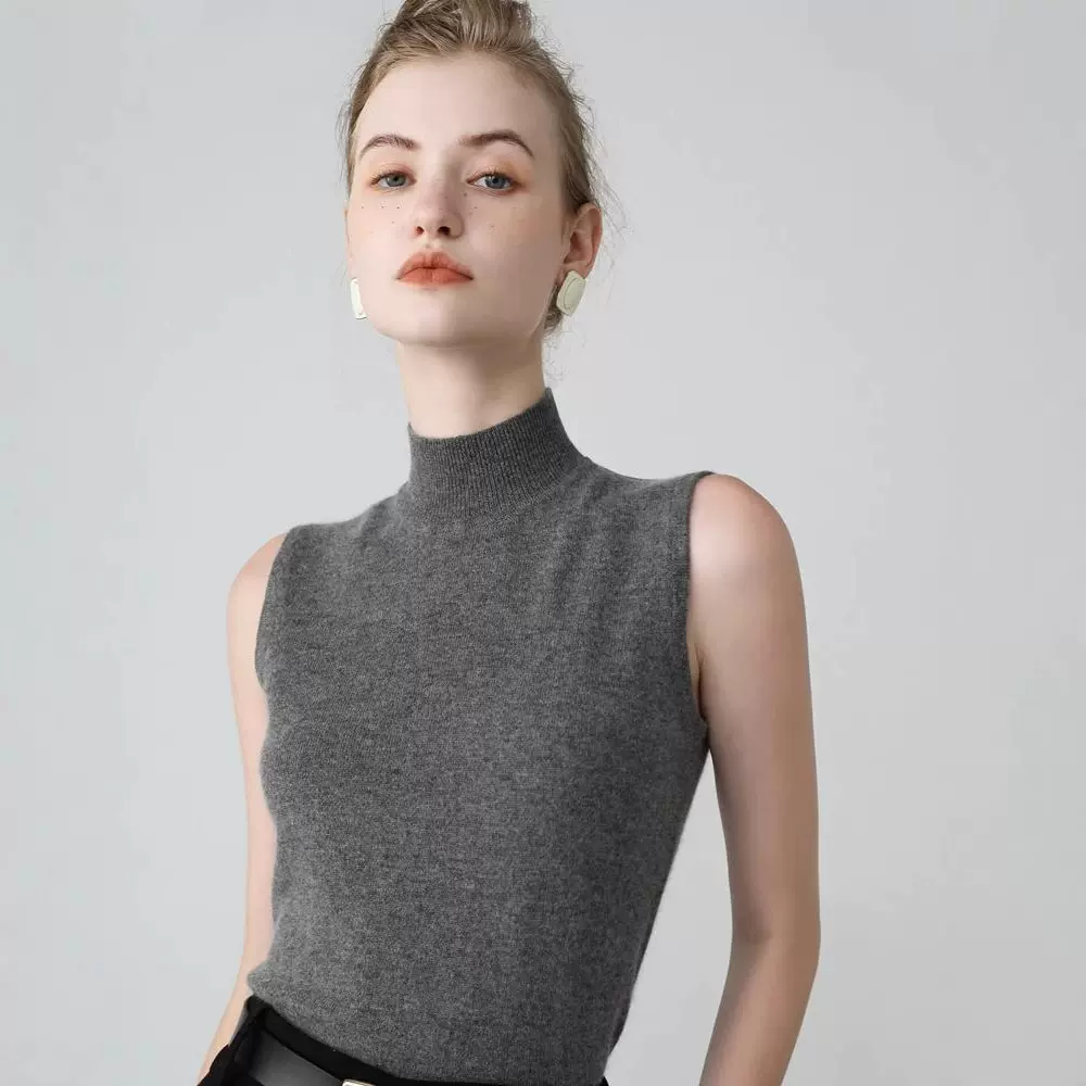 秋冬装半高领羊绒衫女无袖针织背心打底山羊绒毛衣马甲内搭