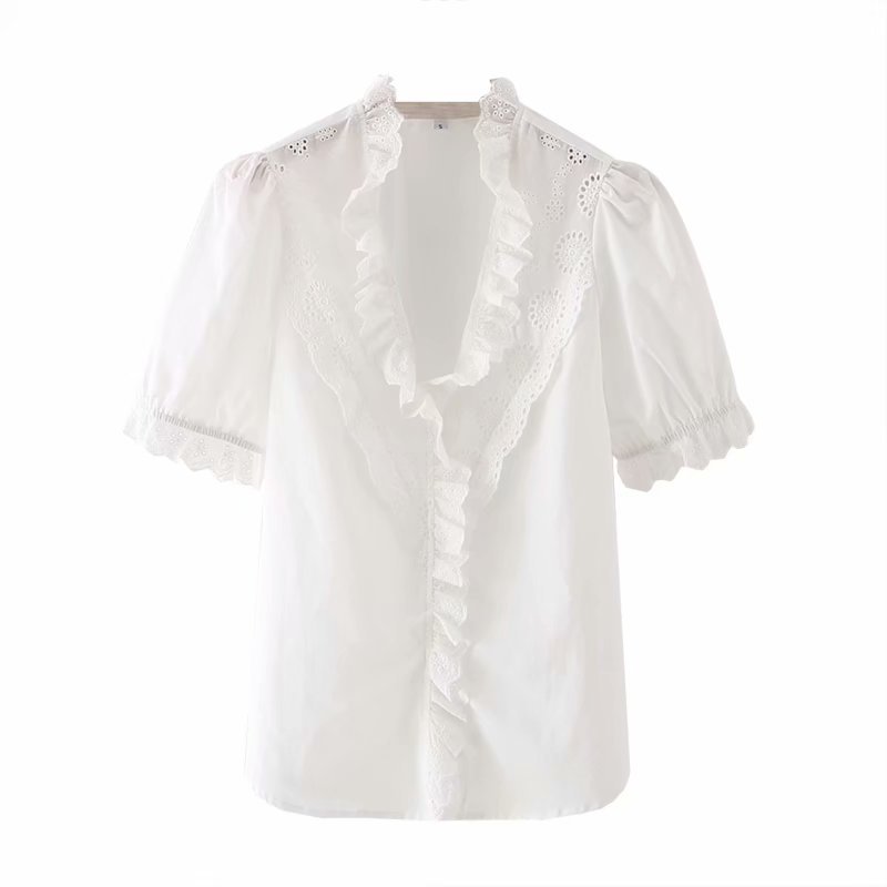 side puff sleeve white loose short sleeve shirt  NSAM29975