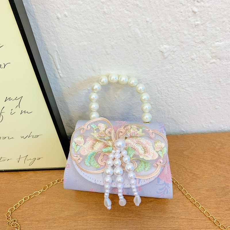 Bolso de princesa de niñas 2025, otoño nueva chica lindos bordillos de encaje mochila bolso de perlas de estilo chino Aisha