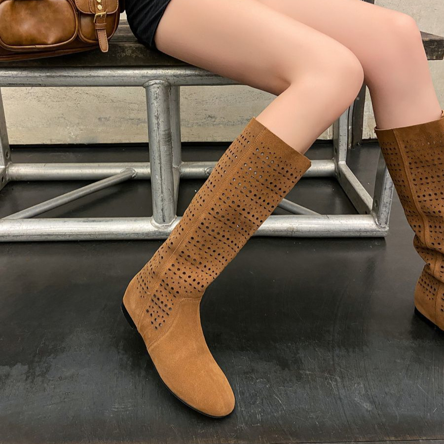 2025新款复古镂空透气高筒骑士靴夏季增高时尚洋气磨砂皮长靴凉靴