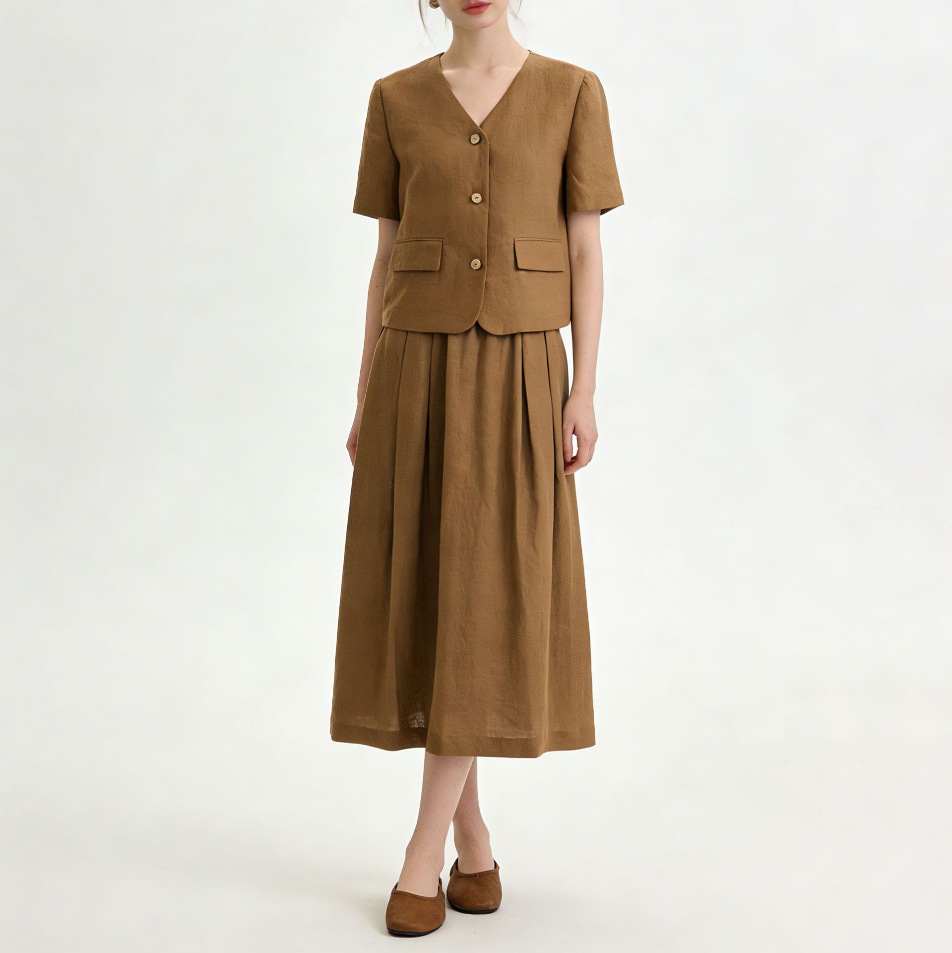 Bộ suit linen nữ áo vest ngắn tay kết hợp chân váy cao eo — Áo gi lê - 65427 kaki chi tiết 1