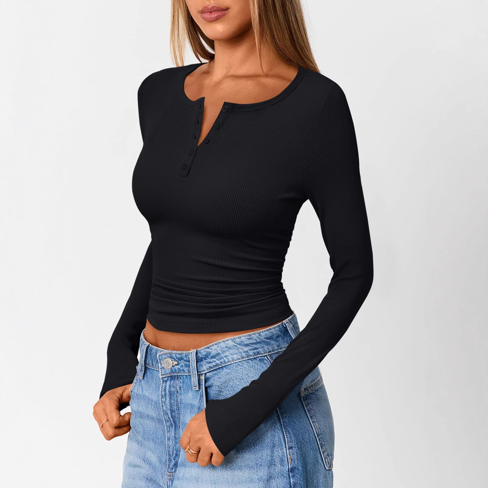 欧美亚马逊秋冬季爆款女式针织衫长袖上衣纽扣罗纹修身打底T恤衫