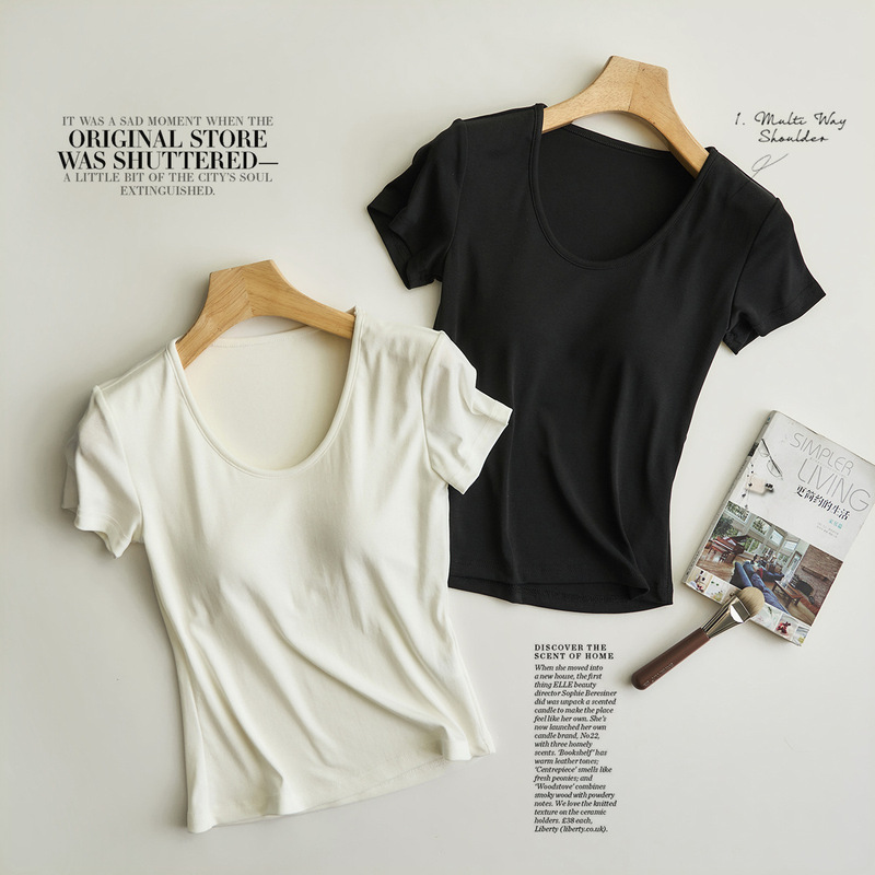 Women's Summer T-Shirt with Chest Pads, U-Neck, Short Sleeves, Made of Lyocell Cotton, Slim Fit, Simple Short Top Women's Summer T-Shirt with Chest Pads, U-Neck, Short Sleeves, Made of Lyocell Cotton, Slim Fit, Simple Short Top