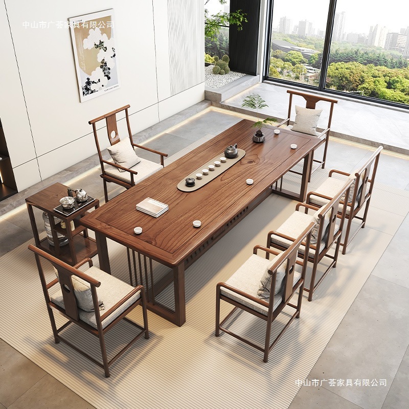 大型無垢材の新しい中国風のティーテーブルオールインワンホームオフィスリビングルームテーブルと椅子の組み合わせオフィスティーコーヒーテーブル|undefined