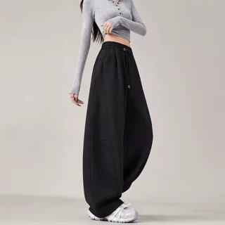 黑色阔腿裤女秋季2026新款胖mm大码宽松垂感运动裤休闲弯刀卫裤子