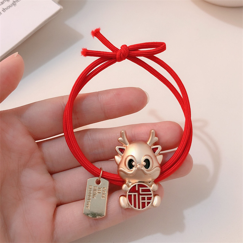 Año del Dragón Zodiaco de alta sensación metal rojo Año Nuevo anillo de cabello de alta altura cuerda elástica cuerda de cabello festiva adornos para el cabello