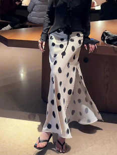 French Satin Polka Dot Skirt for Women, Popular New Style, High-End, Good-Looking and Versatile Slit Long Skirt