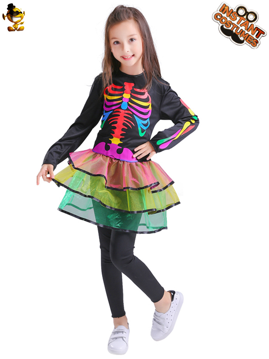Halloween niños de las mujeres colorido fantasma hueso cráneo vestido etapa rendimiento ropa partido Cosplay ropa