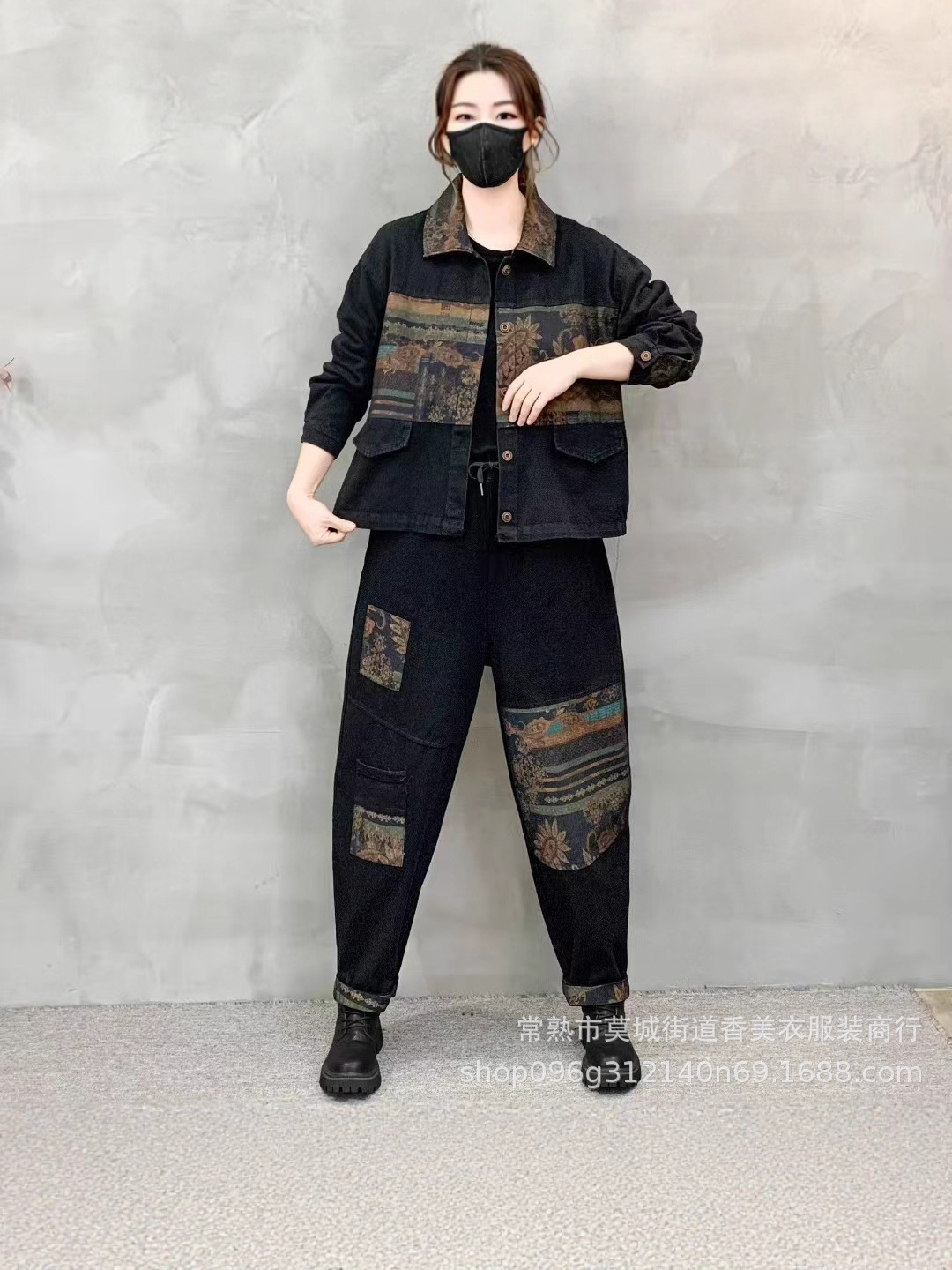 Traje casual de moda vaquero 2025 nuevo abrigo de solapa de empalme suelto de gran tamaño, conjunto de dos piezas de Harlem pants