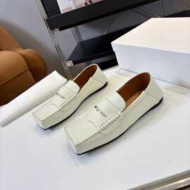 高品质方头真皮平底乐福鞋女一脚蹬时尚日常休闲百搭单鞋2025新款