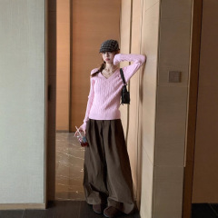 大码胖mm粉色V领长袖针织衫女秋2025新款修身显瘦感毛衣上衣