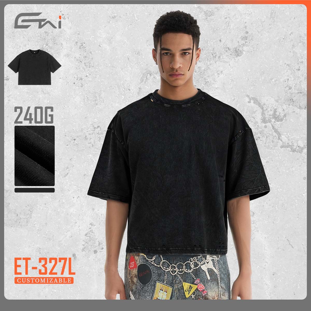 ETAI Hombre| Marca de moda transfronteriza agujero box corto ancho camiseta hombre alta calidad pesada lavado de algodón hecho vieja manga corta