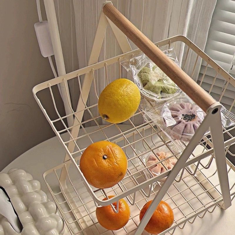 Kitchen Handle Fruit Basket Double-Layer Storage Rack Living Room Tea Table Ornaments Desktop Snack Drain Fruit and Vegetable Table Storage Rack