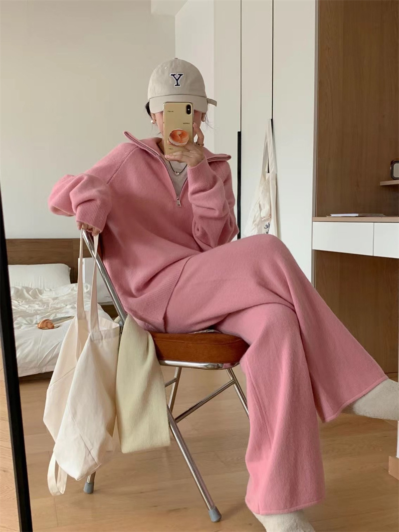 Women’s Korean Style Knit Sweater & Wide Leg Pants Set – Lapel Half-Zip Lounge Suit (One Size, 6 Colors)_voghion.com