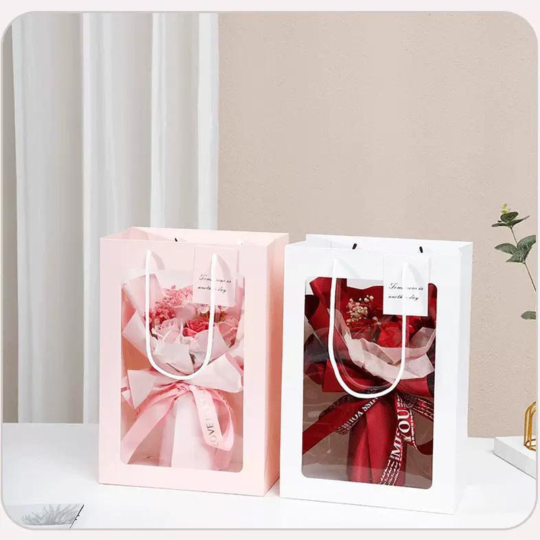 定制鲜花手提袋透明花束包装橱窗袋礼品袋创意开窗纸袋礼物包装袋
