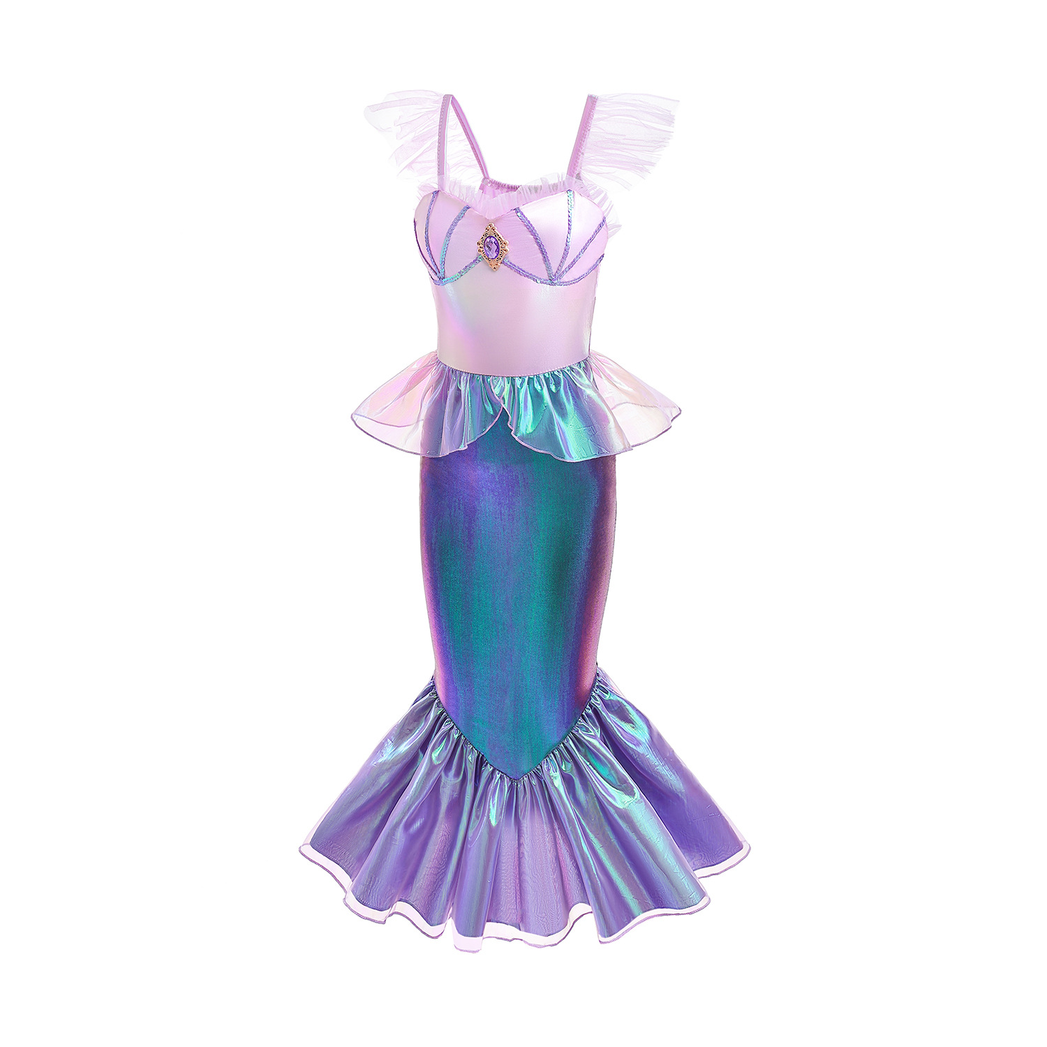 Nuevo vestido de sirena para niños estilo INS de las niñas color sirena que cambia de color Vestido de manga voladora Vestido de una sola pieza para niños