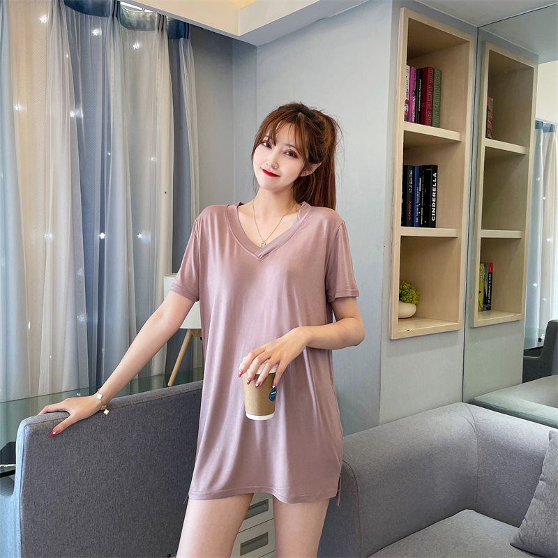 New Loose V Neck Short-Sleeved Modal Long T-Shirt Casual Youth Women's Large Size Top Trbottomy Inner Layering Shirt