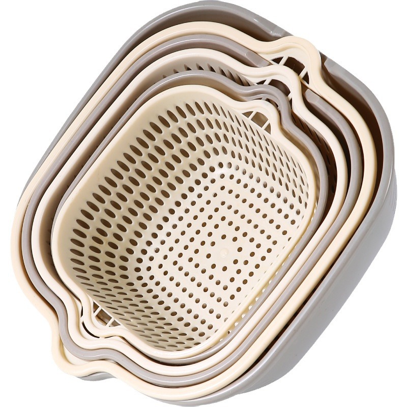 Cocina de dos capas lavabo de verduras, cestas de drenaje de seis piezas, platos de frutas de lavado, sala de estar, cestas cuadradas de lavabo de verduras domésticas
