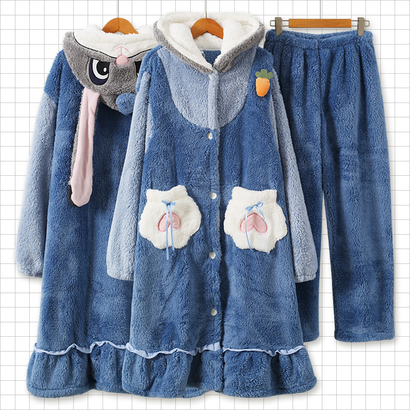 冬季新款保暖加绒加厚珊瑚绒兔子睡袍女中长款可爱睡衣家居服套装