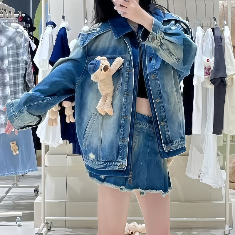 虎门高端女装秋季新款法式百搭卡通立体玩偶春秋夹克牛仔外套女|undefined