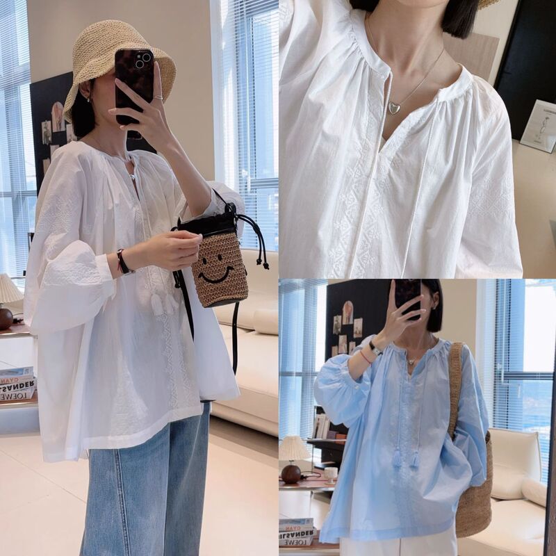 2025 Spring and Summer New Holiday Style Lazy Style Embroidered Lace Tassel Doll Shirt Cotton Shirt Y6070T 2025 Spring and Summer New Holiday Style Lazy Style Embroidered Lace Tassel Doll Shirt Cotton Shirt Y6070T