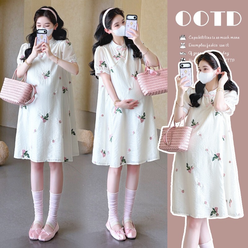 2026 Summer Maternity Fashion Embroidered Chinese Style New Short-Sleeve Dress Sweet and Youthful Maternity Dress