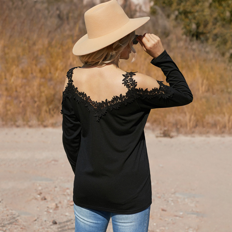 时颖欧美蕾丝t恤女春新款跨境v领套头衫亚马逊长袖蕾丝性感上衣女