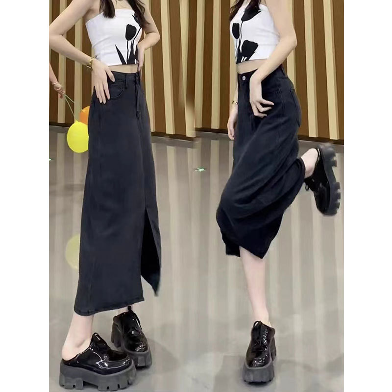 2025 Summer Thin Tencel Denim Skirt Women's High Waist Slimming plus size Split Mid-Length A- Line Hip Skirt