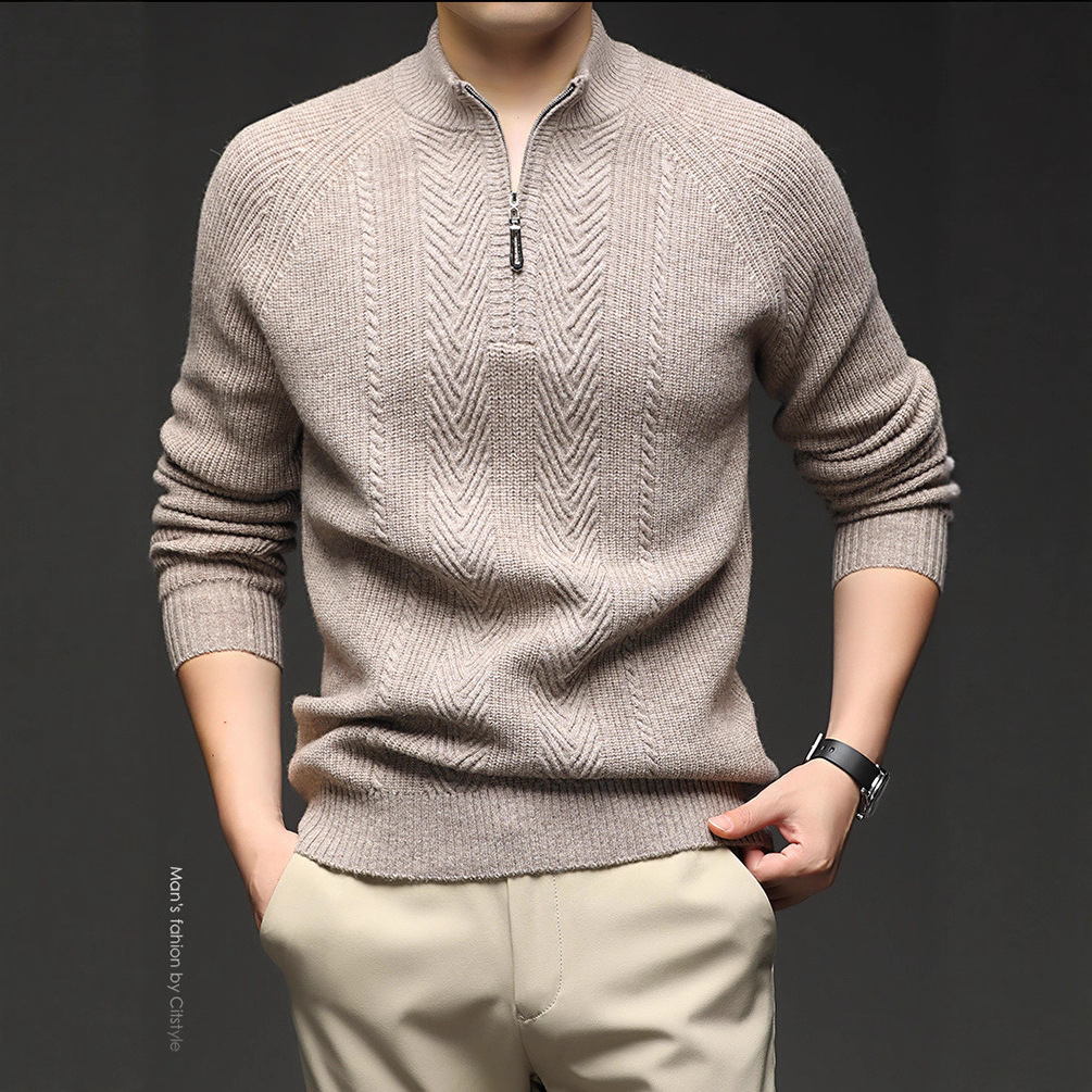 Suéter de lana hombre de media altura con cremallera collar suéter de invierno Jacquard cálido suéter de punto casual juvenil