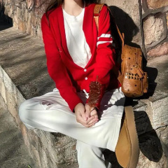miu系千金风红色假两件针织开衫女春季新款毛衣外套修身慵懒上衣