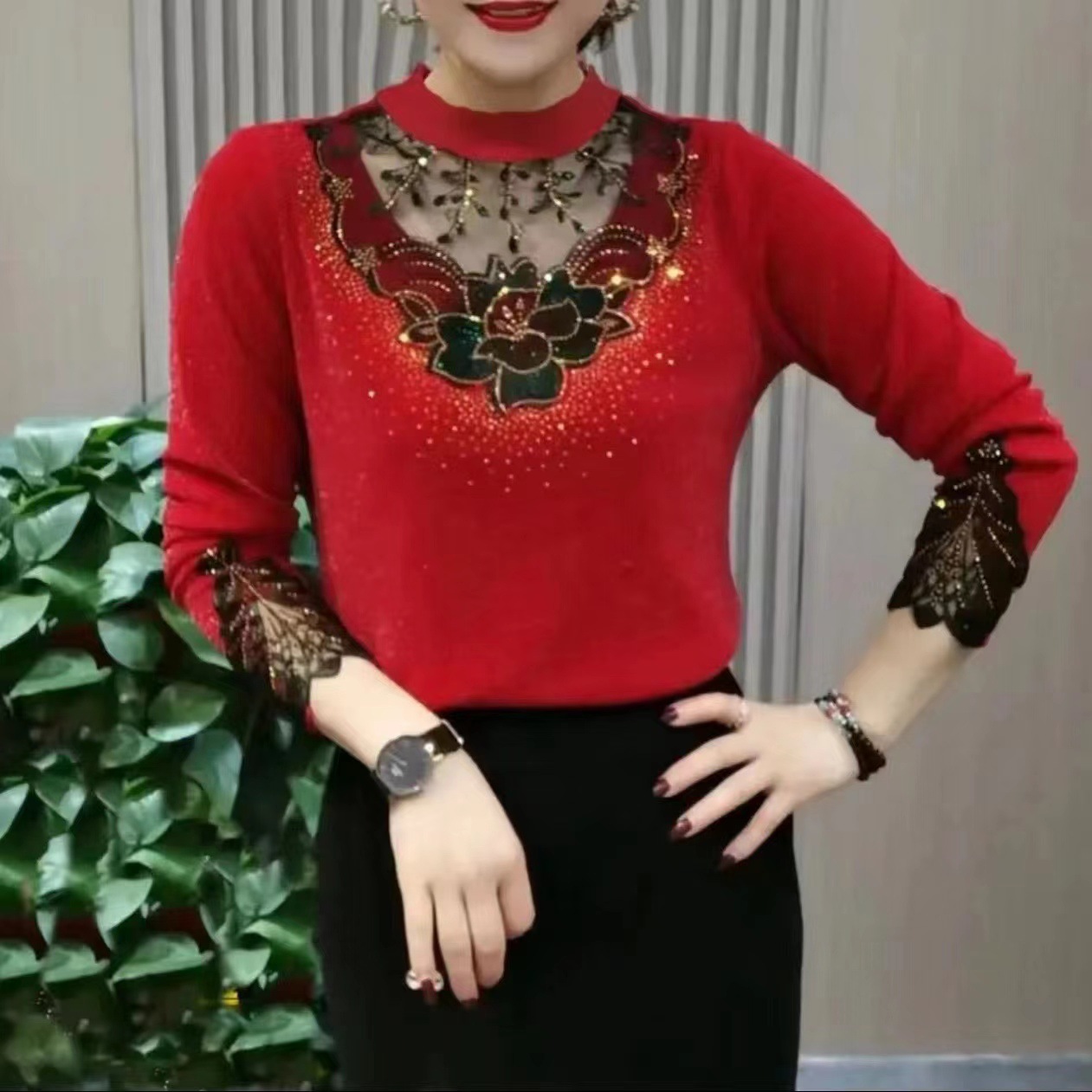 Nuevo otoño/invierno alemán lana media alta cuello de malla bordada de pelo largo de mediana edad moda caliente reducción de edad cubre el vientre top
